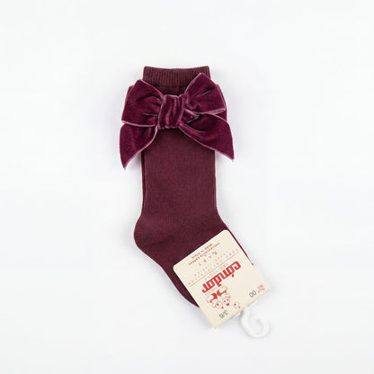 Girl Red Wine High Socks with Side Velvet Bow — view 3 — handcrafted in Spain — AGÜ Baby