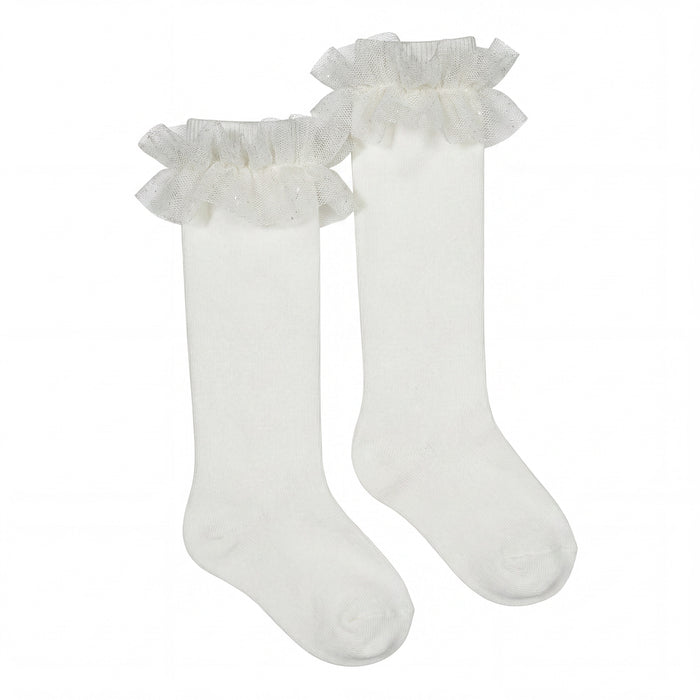 Girl White High Socks with Gathered Tulle Strap — AGÜ Baby Spanish baby clothes