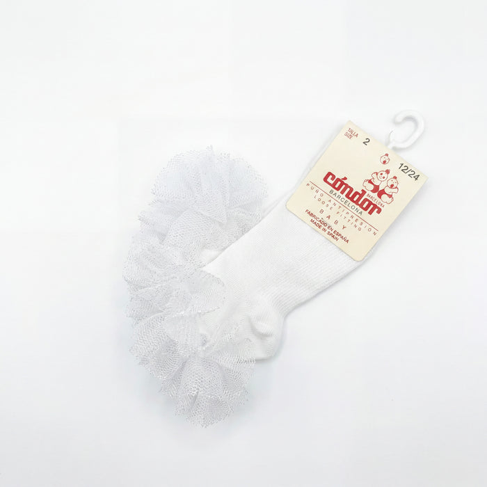 Girl White High Socks with Gathered Tulle Strap — view 3 — handcrafted in Spain — AGÜ Baby