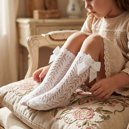 Girl White Openwork High Socks with Bow — view 2 — handcrafted in Spain — AGÜ Baby