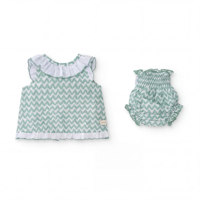 Girls Aquamarine Zig Zag Blouse & Bloomers — view 6 — handcrafted in Spain — AGÜ Baby