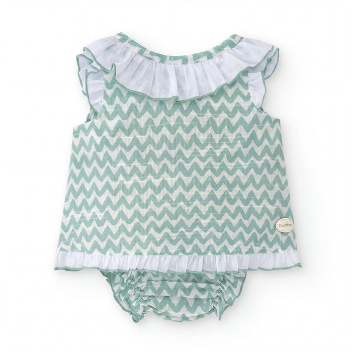 Girls Aquamarine Zig Zag Blouse & Bloomers — view 3 — handcrafted in Spain — AGÜ Baby