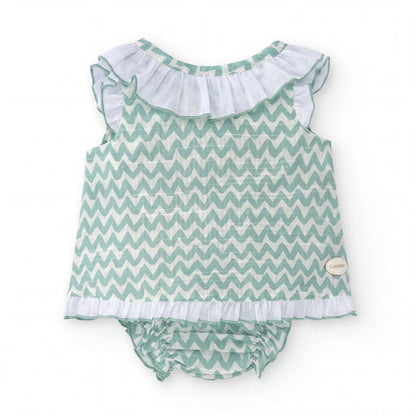 Girls Aquamarine Zig Zag Blouse & Bloomers — view 3 — handcrafted in Spain — AGÜ Baby