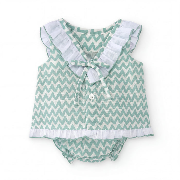 Girls Aquamarine Zig Zag Blouse & Bloomers — view 4 — handcrafted in Spain — AGÜ Baby