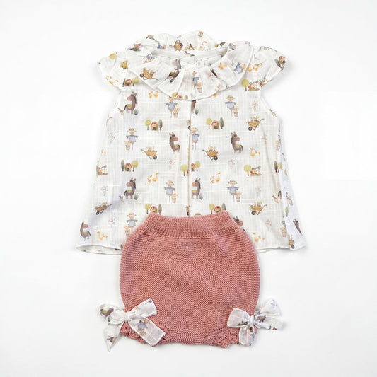 Girls Coral Printed Collar Blouse & Bloomers — AGÜ Baby Spanish baby clothes