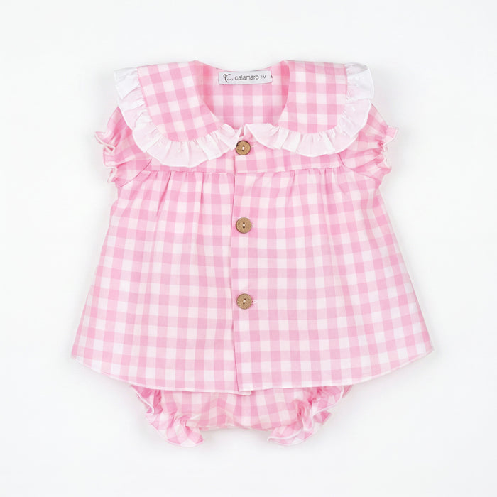 Girls "Meadow" Pink Gingham Blouse & Bloomers — AGÜ Baby Spanish baby clothes