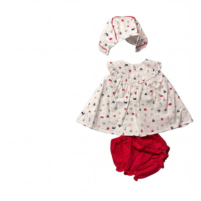 Girls Sailing Pattern White and Red Dress - Bloomers - Bonnet