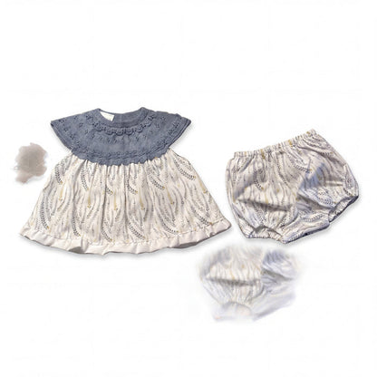 Girls White and Blue Leaves Blouse & Bloomers