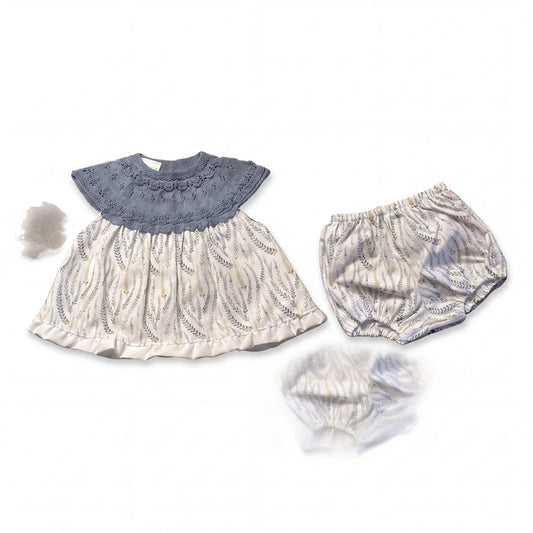 Girls White and Blue Leaves Blouse & Bloomers