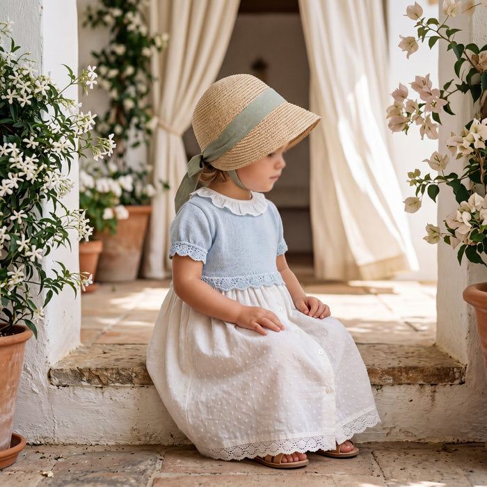 Girls White and Light Blue Plumeti Dress with Collar — view 2 — handcrafted in Spain — AGÜ Baby