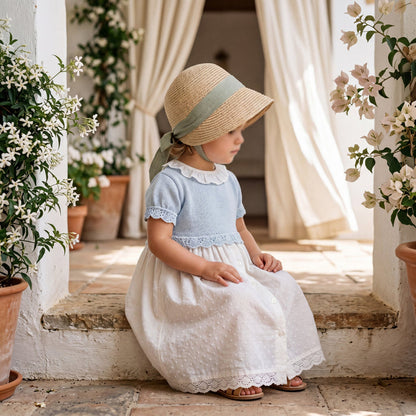 Girls White and Light Blue Plumeti Dress with Collar — view 2 — handcrafted in Spain — AGÜ Baby