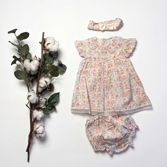 Girls White and Orange Lace Floral Dress - Bloomers - Head Bow