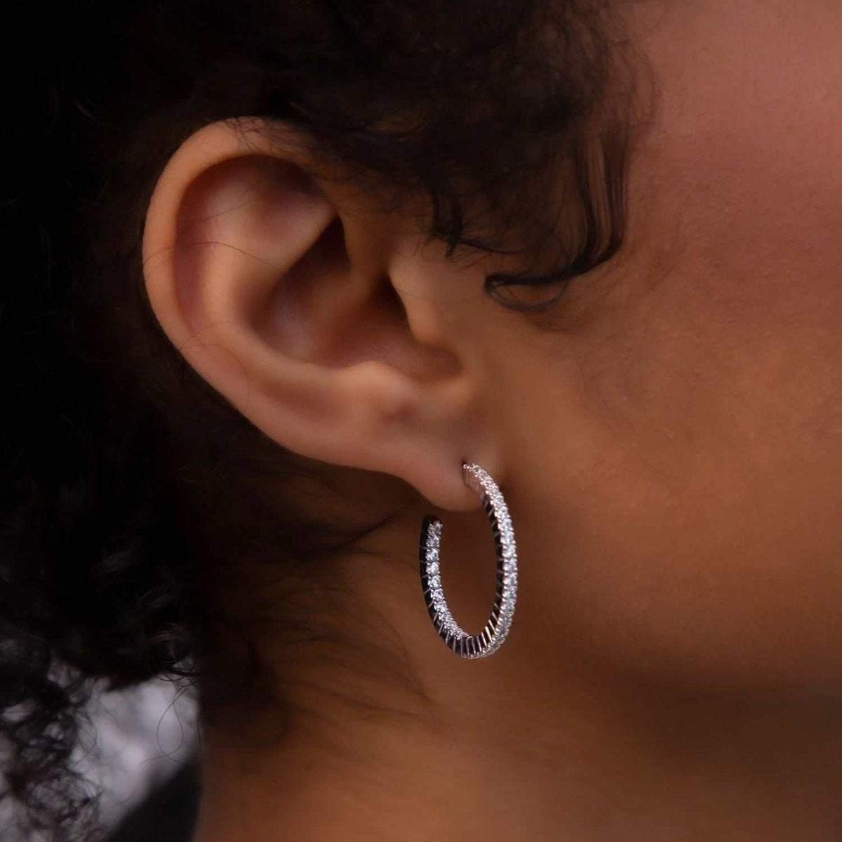 14k Solid White Gold Small Eternity Hoop Earrings in White Gold-VS Diamonds