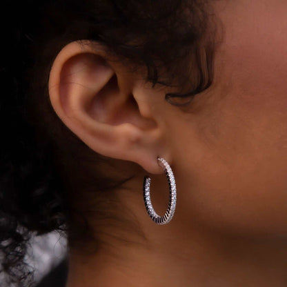 14k Solid White Gold Small Eternity Hoop Earrings in White Gold-VS Diamonds