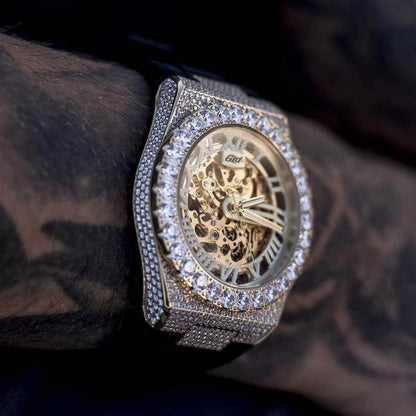 42MM Iced Alpha Era® Luminous Skeleton Gold w/ Rubber Strap
