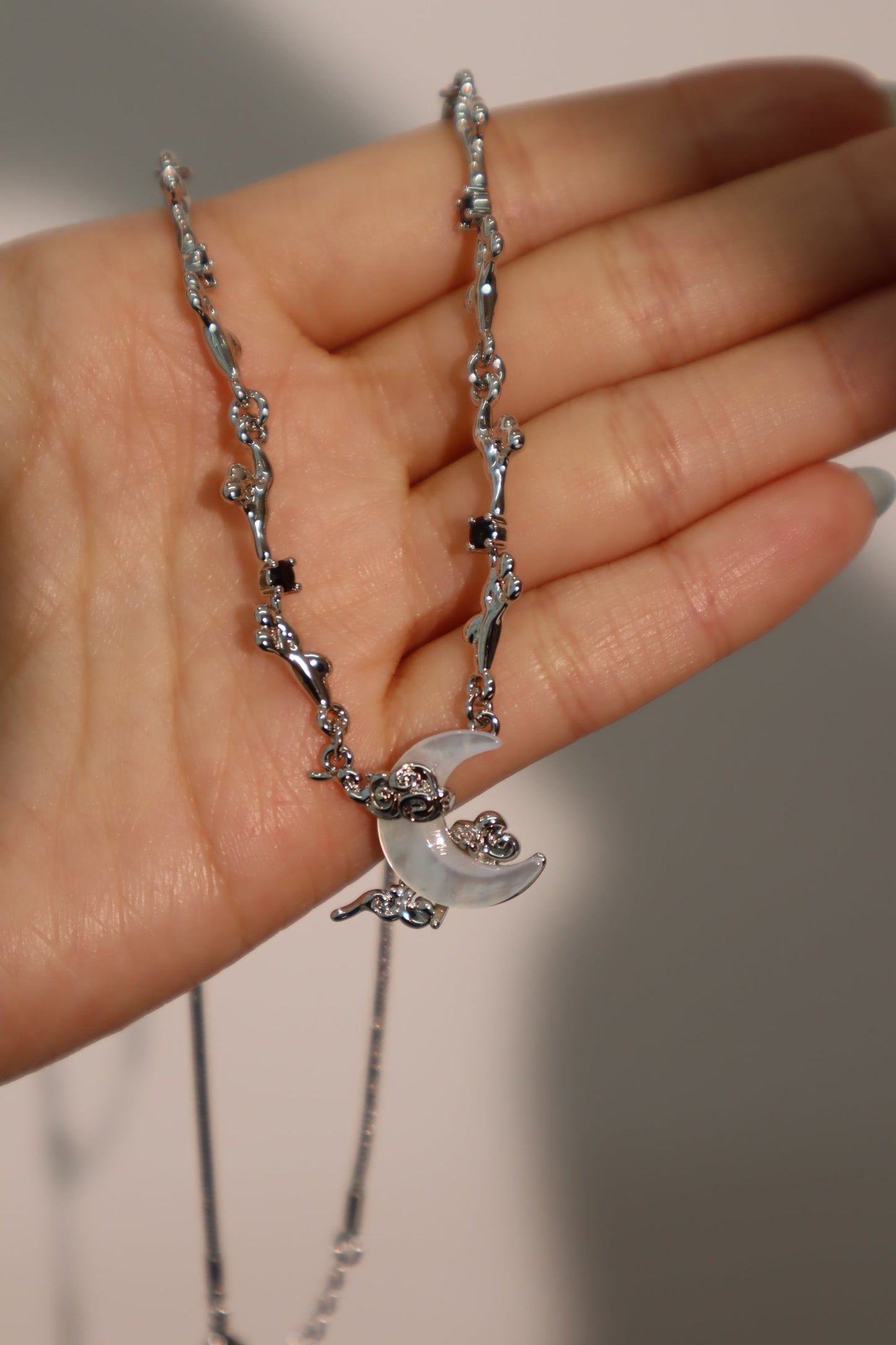 Palladium White Gold Plated Black Gem Natural Shell Moon Necklace