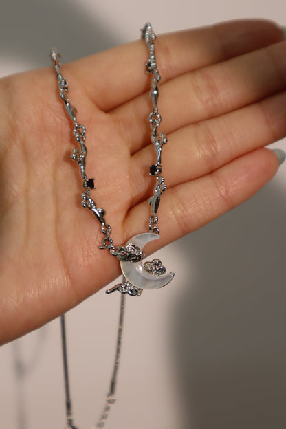 Palladium White Gold Plated Black Gem Natural Shell Moon Necklace