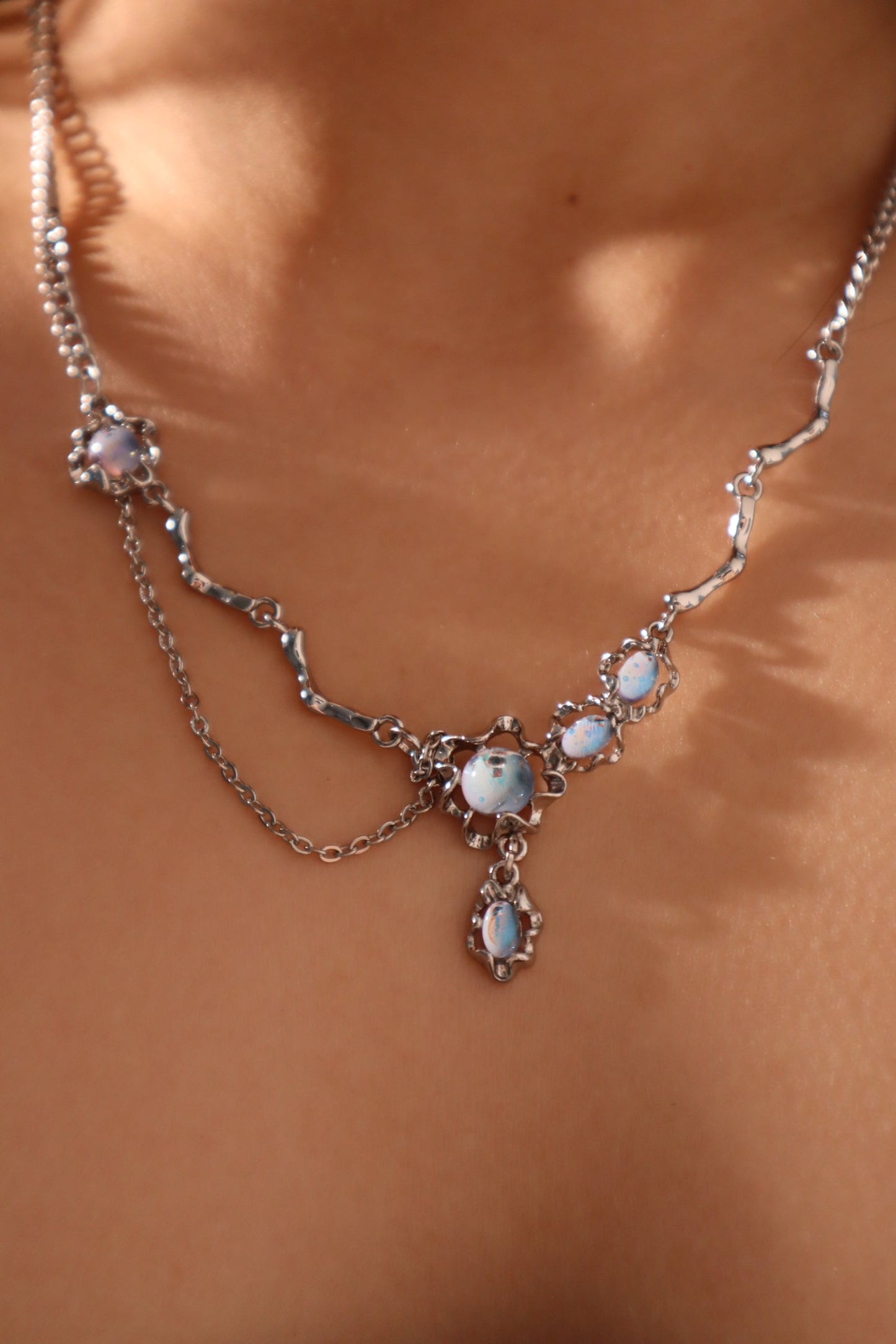 Palladium White Gold Plated Moonstone Dangle Necklace