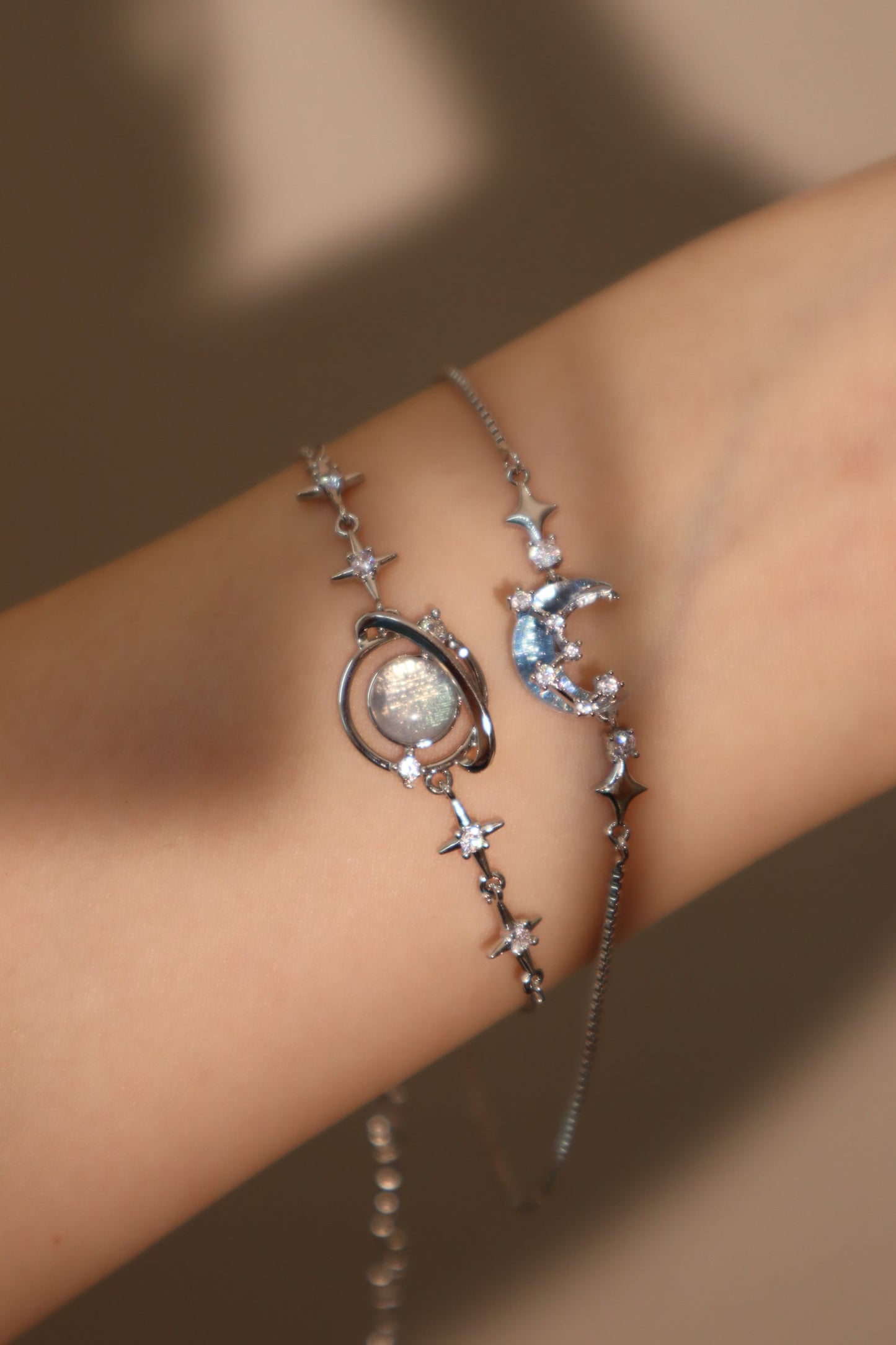 Palladium White Gold Plated Moonstone Moon Star Bracelet