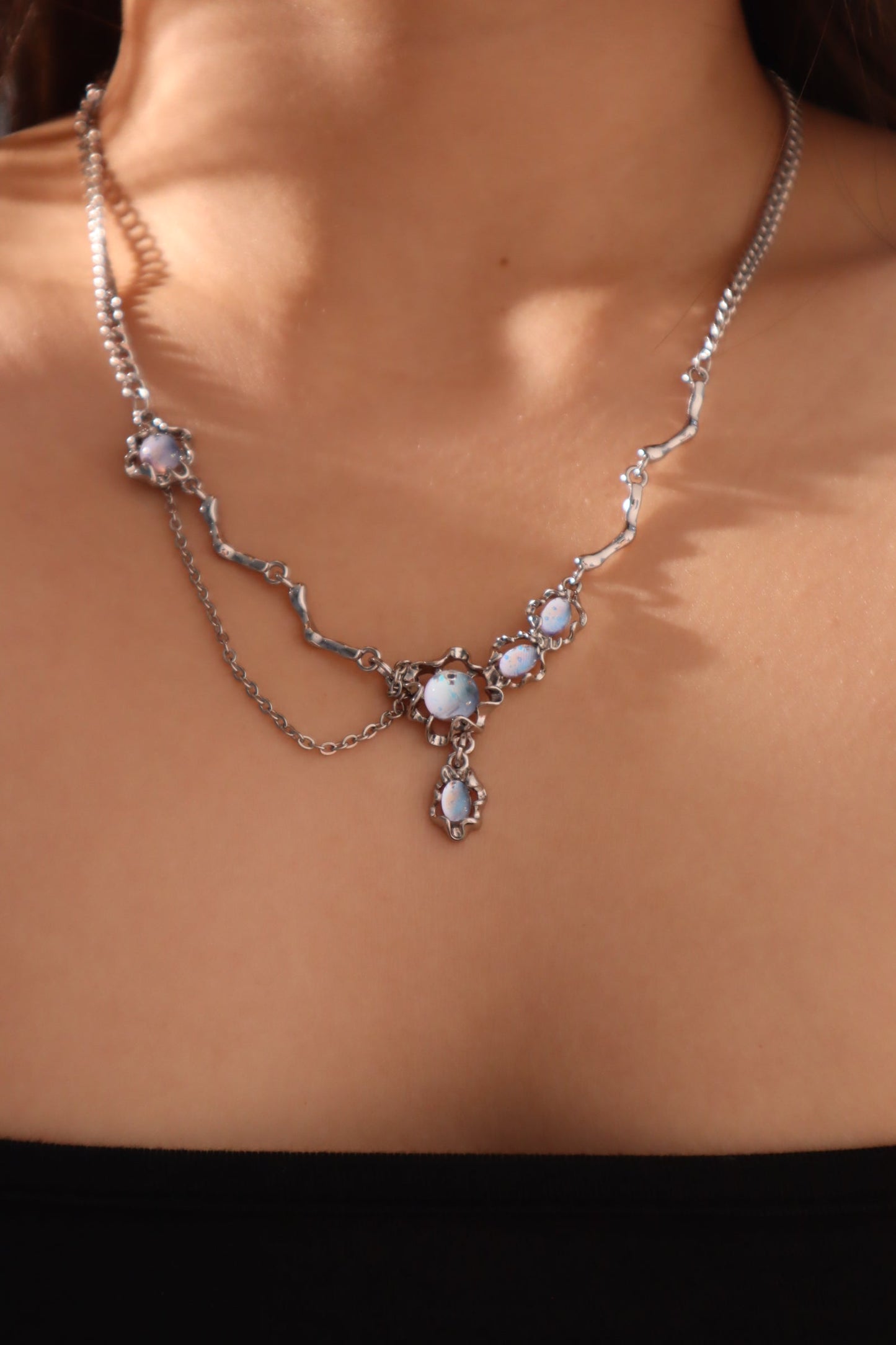 Palladium White Gold Plated Moonstone Dangle Necklace