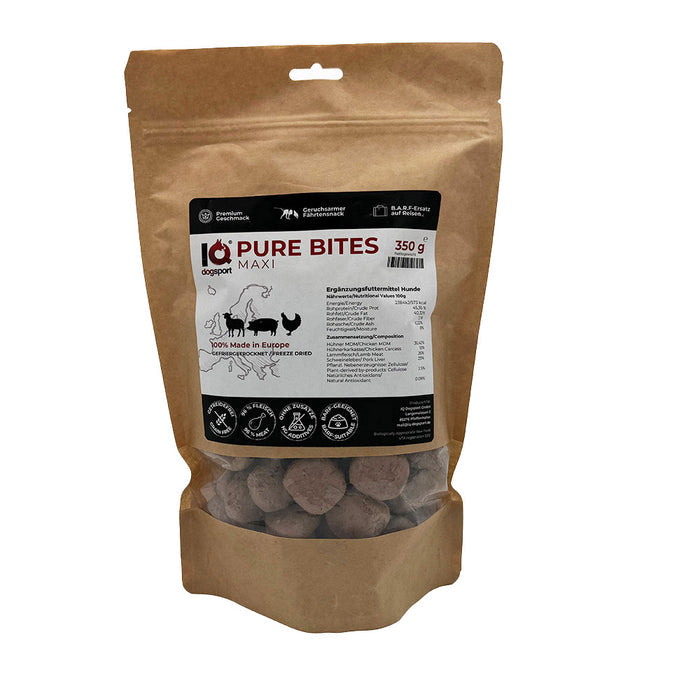 IQ Pure Bites Maxi – gefriergetrocknete BARF-Leckerli, Verpackung