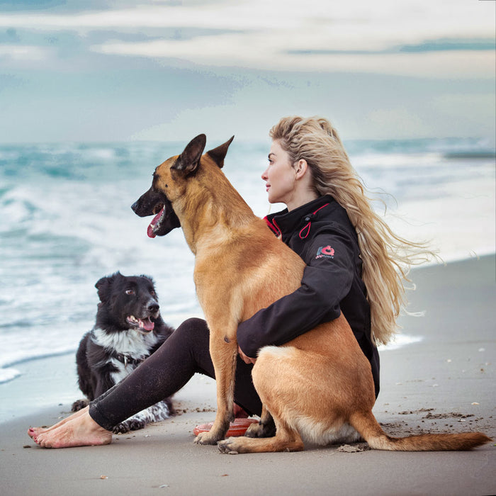 Frau mit Hundesport-Jacke und Border Collie am Strand beim Outdoor-Training