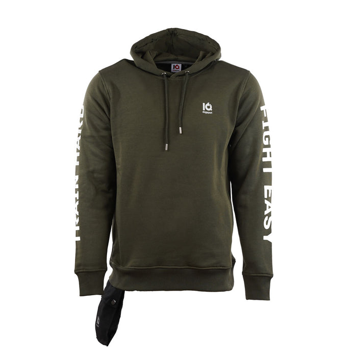 IQ Trainingshoodie „Train Hard. Fight Easy.“ Olive – Rückansicht mit Rückentasche
