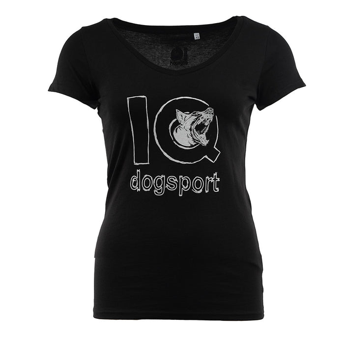 T-Shirt Schwarz Logo und bellender Malinois Damen V-Ausschnitt
