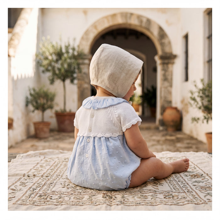 Light Blue Knitted Plumeti with Collar Romper — view 2 — handcrafted in Spain — AGÜ Baby