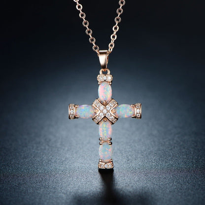 18K Rose Gold Plated Opal Cross Charm Necklace