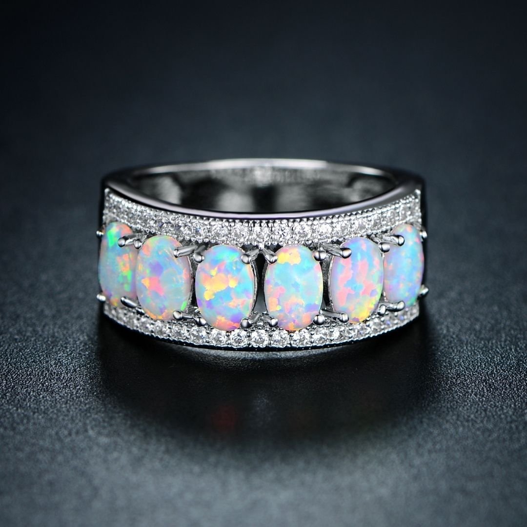 18K White Gold Plated Opal Band Ring