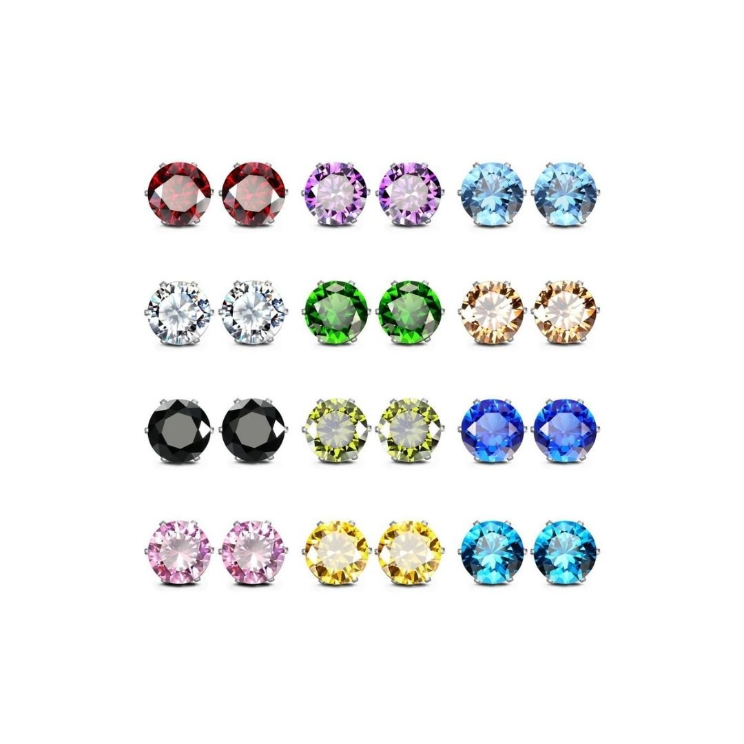 18K White Gold Plated 12 Pack Birthstone Stud Earrings