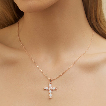 18K Rose Gold Plated Opal Cross Charm Necklace