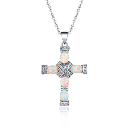 18K Rose Gold Plated Opal Cross Charm Necklace