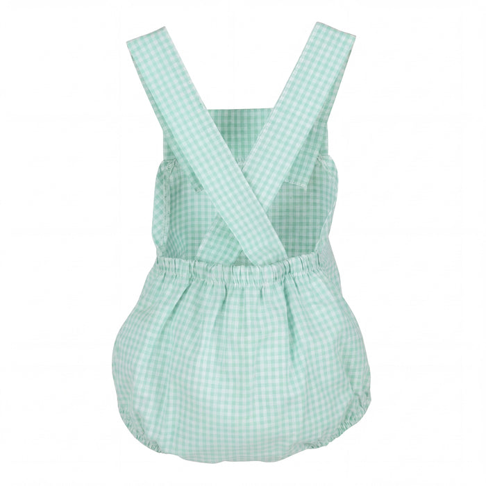 Mint Gingham Dungaree Romper — view 3 — handcrafted in Spain — AGÜ Baby