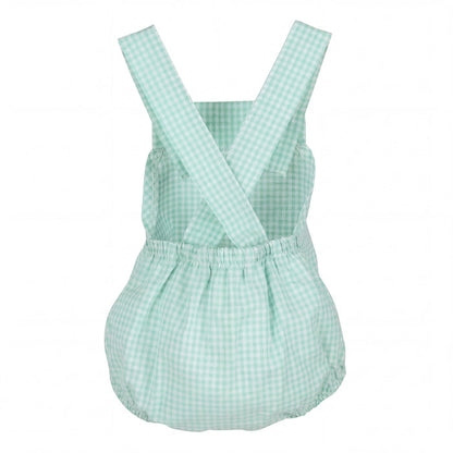 Mint Gingham Dungaree Romper — view 3 — handcrafted in Spain — AGÜ Baby