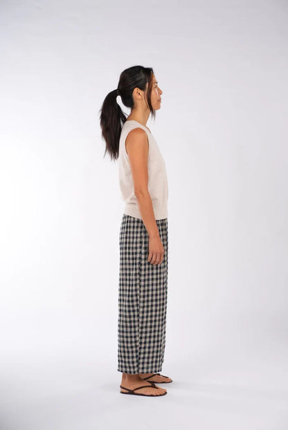 Montaigne - French Linen Pants - Navy Check - MO-044