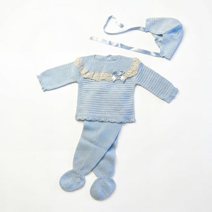 Newborn Light Blue with Lace Bow Set 3 Pieces — AGÜ Baby Spanish baby clothes