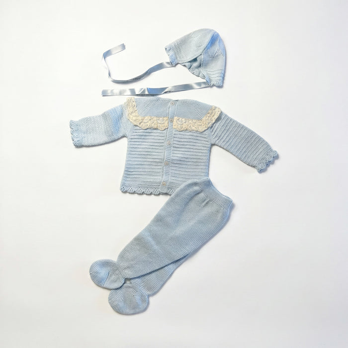 Newborn Light Blue with Lace Bow Set 3 Pieces — view 3 — handcrafted in Spain — AGÜ Baby