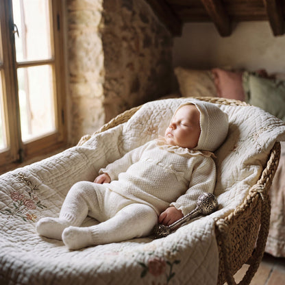 Newborn White with Beige Lace Bow Set 3 Pieces — view 2 — handcrafted in Spain — AGÜ Baby