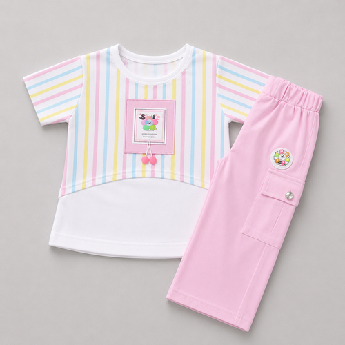 Pastel Stripe Girls Cargo Capri Set