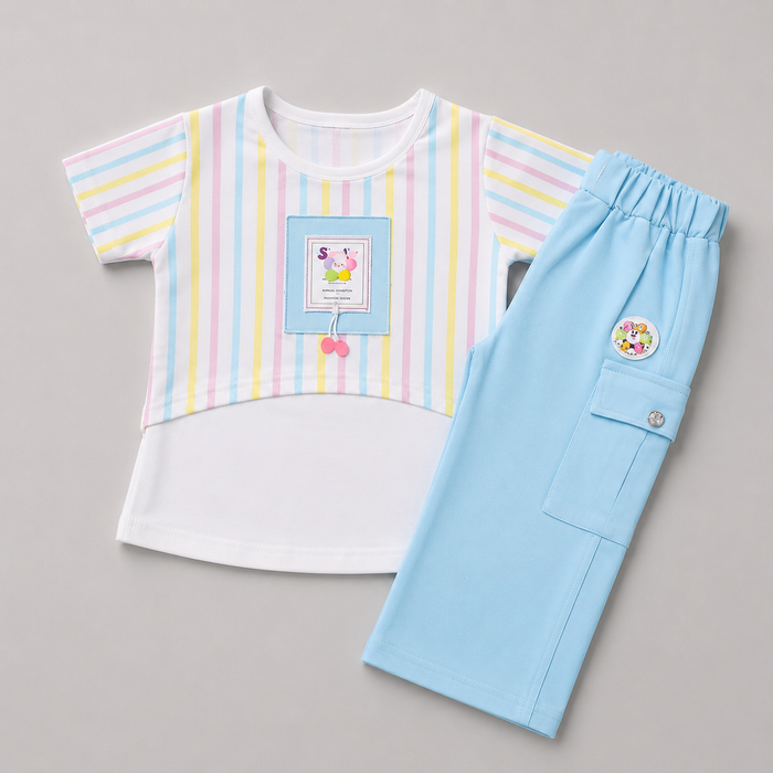 Pastel Stripe Girls Cargo Capri Set