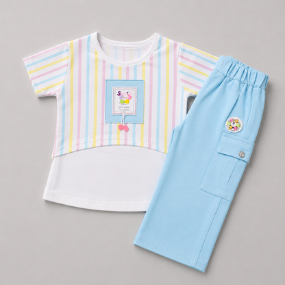 Pastel Stripe Girls Cargo Capri Set