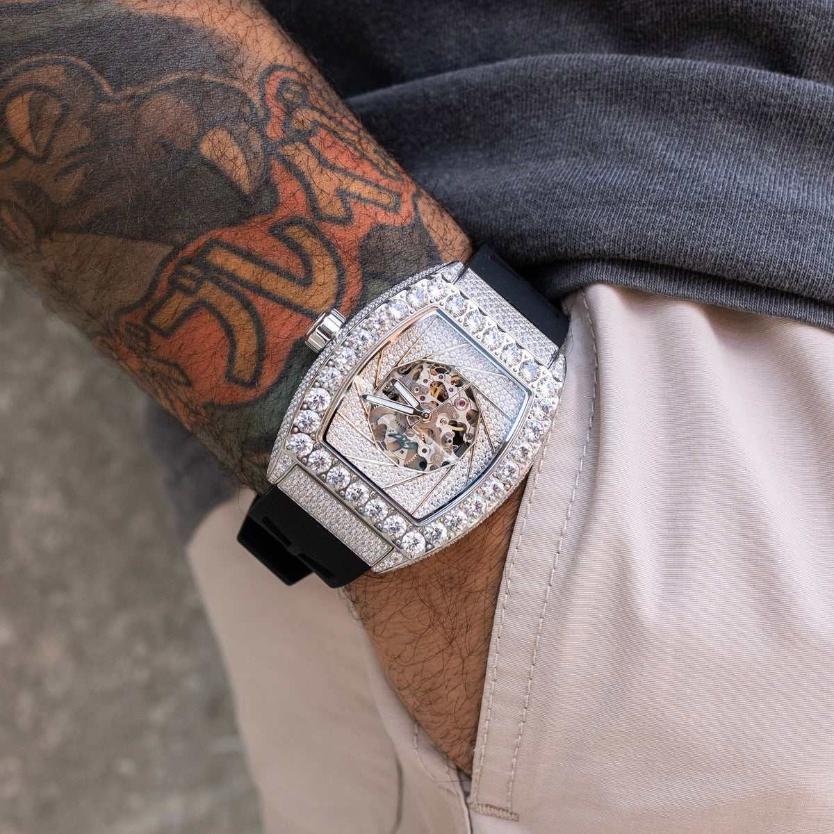 40MM Perennial Era® Auto Watch- Fully Iced w/ Rubber Strap