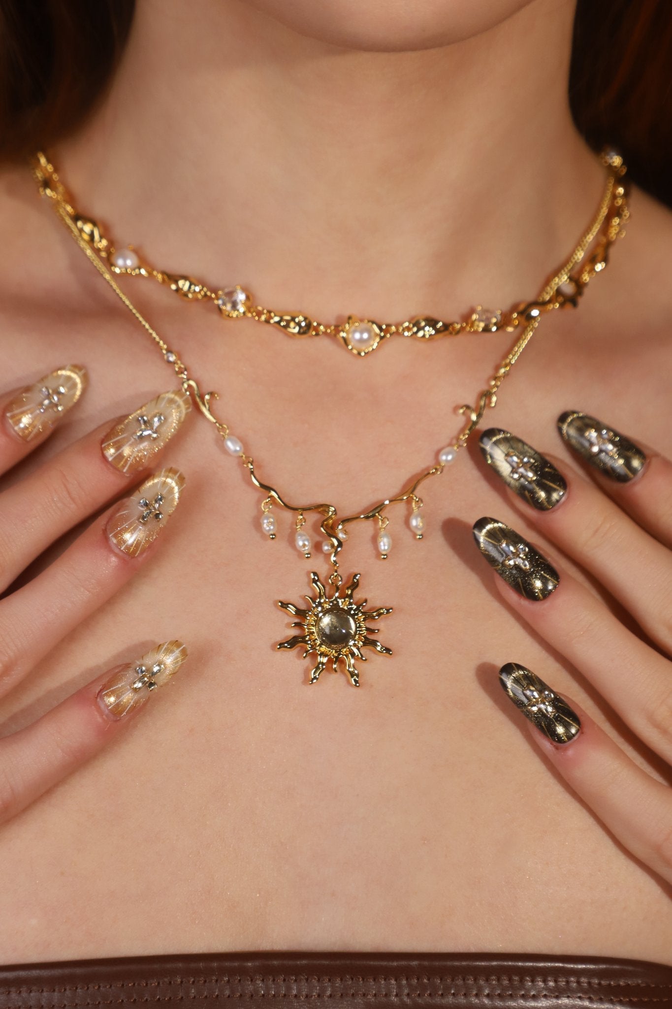 18K Real Gold Plated White Opal Sun Pearls Necklace