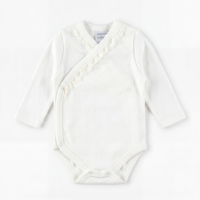 Unisex White Crossed Lace Bodysuit Long Sleeve — view 3 — handcrafted in Spain — AGÜ Baby