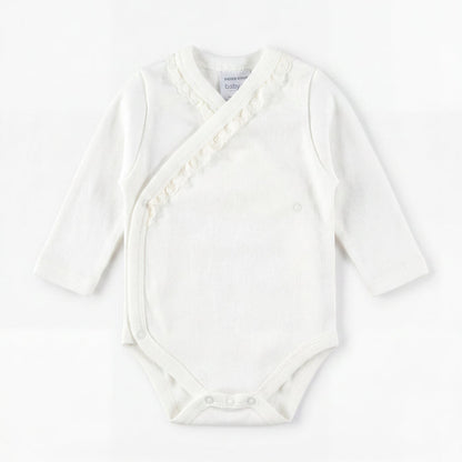 Unisex White Crossed Lace Bodysuit Long Sleeve — view 3 — handcrafted in Spain — AGÜ Baby