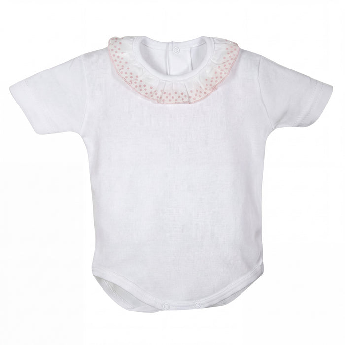 White and Light Pink Collar Short Sleeve Bodysuit — view 4 — handcrafted in Spain — AGÜ Baby